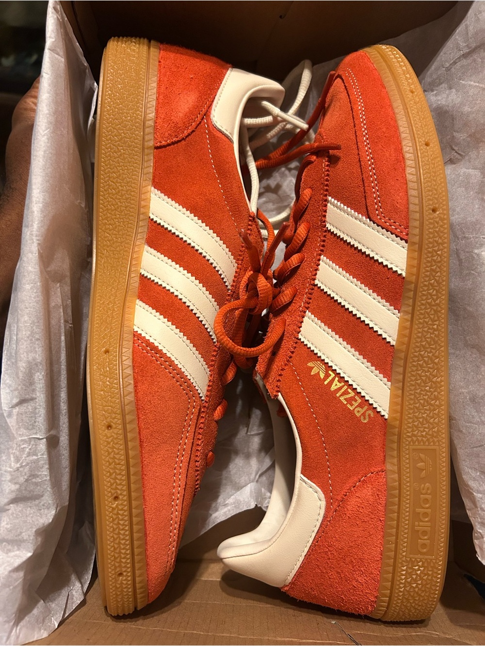adidas Orange Suede “Handball Special” Men’s Sneakers with Cream Stripes